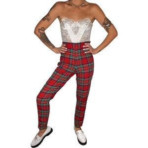 red plaid trousers